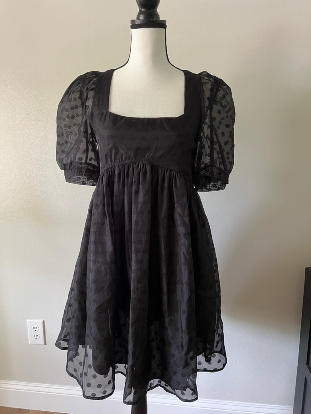 En Saison Black Polka Dot Organza Puff Sleeve Mini Dress Small